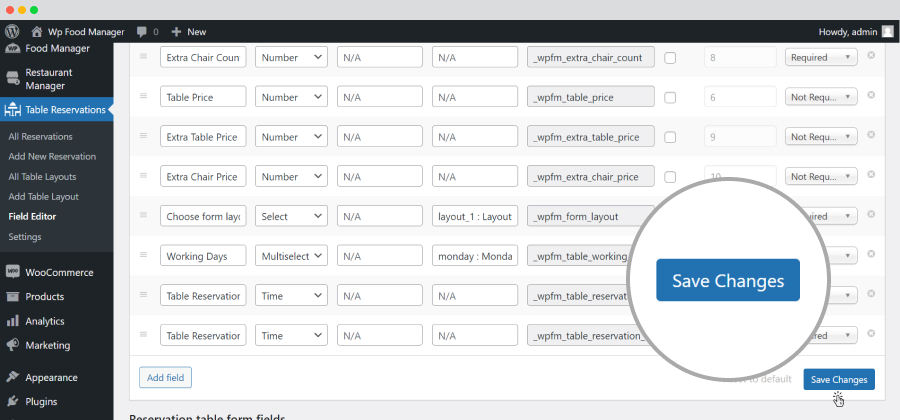 Table Reservations-Field Editor-Table forms-Save Changes